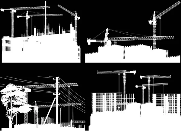 Fyra vita kompositioner med byggnader och kranar — Stock vektor