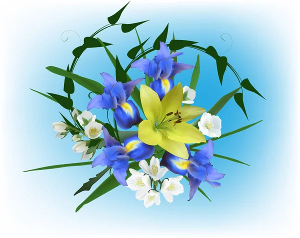 Iris und Jasmin Blumen auf blauem Hintergrund — Stockvektor