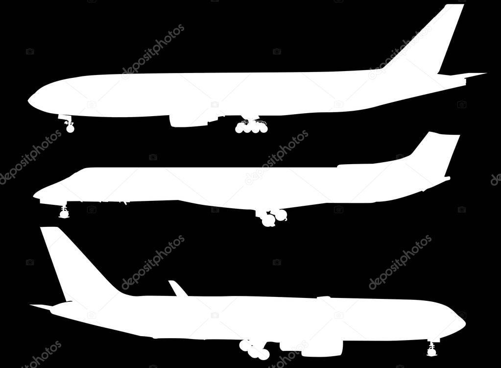 three white airplanes collection isolated on black