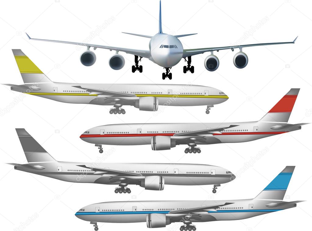 five colored airplanes on white