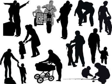 çocuk ve ebeveynler siluet koleksiyonu beyaza izole edildi