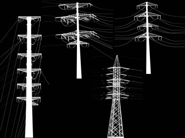 Dört ayrı izole edilmiş beyaz elektrik direği.