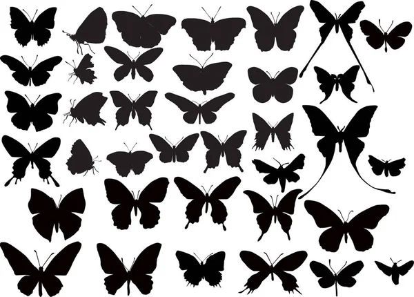 Treinta y siete siluetas de mariposas negras — Vector de stock