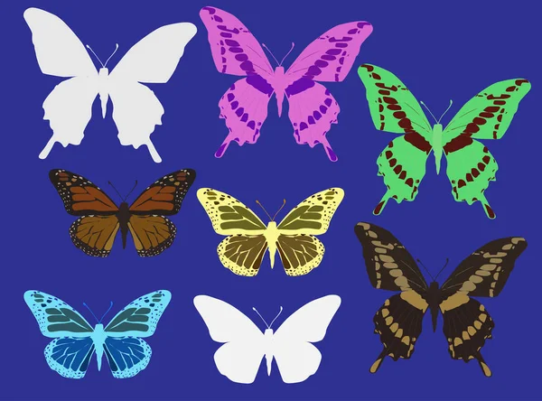 Eight color butterflies isolated on blue — Stock Vector