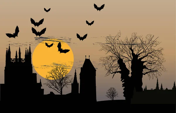 Castello nero e pipistrelli alla luna piena — Vettoriale Stock