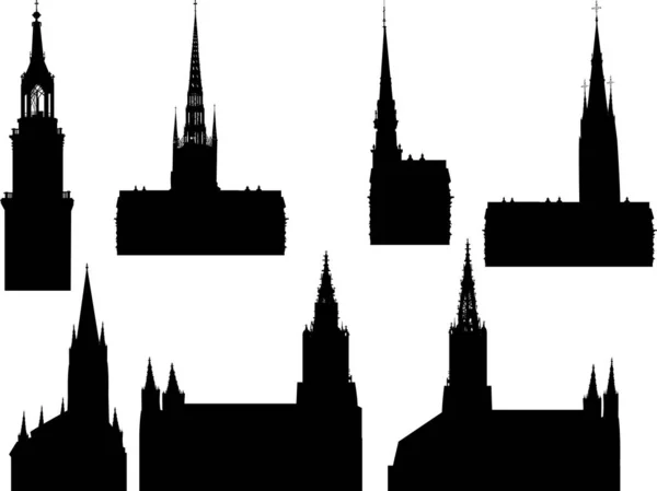 Sette silhouette cattedrale collezione isolata su bianco — Vettoriale Stock