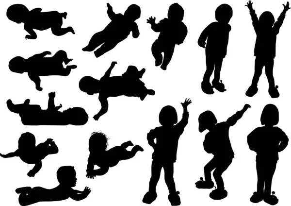 Quatorze silhouettes enfant collection isolée sur blanc — Image vectorielle