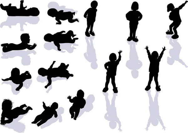 Fourteen child silhouettes collection with shadows on white — Stock Vector