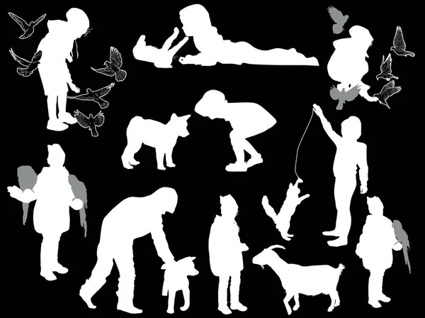 Συλλογή από κορίτσια και ζώα που παίζουν σε μαύρο χρώμα — Διανυσματικό Αρχείο