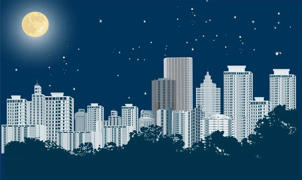 Blu notte moderno città paesaggio — Vettoriale Stock