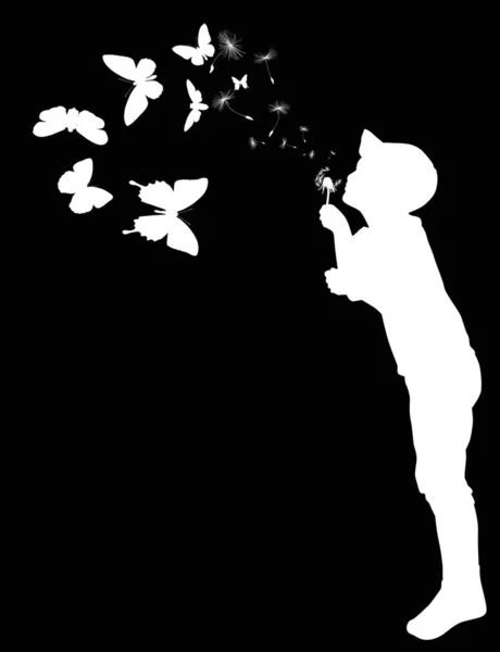 Silhouette enfant soufflant sur pissenlit blanc — Image vectorielle