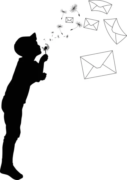 Enfant noir soufflant sur le pissenlit et les enveloppes volantes — Image vectorielle