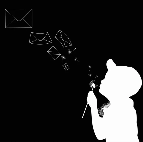 Whte girl blowing on dandelion and flying envelopes — Image vectorielle