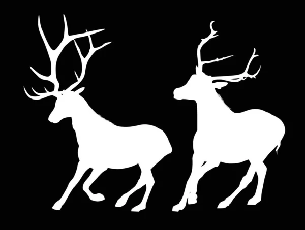 Zwei laufende weiße Hirsche isoliert auf schwarz — Stockvektor