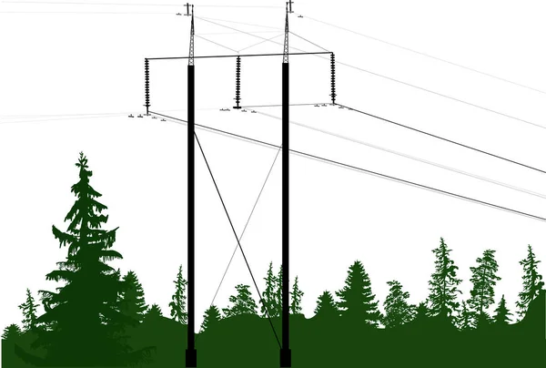 Energia elektryczna czarny pylon w zielonym lesie — Wektor stockowy