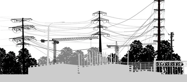 Elektrické sloupy v blízkosti stavebních jeřábů na bílém — Stockový vektor