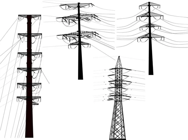 Set of four isolated electric pylons with wares — Stock Vector