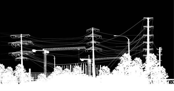 Siyah üzerine izole edilmiş ağaçlar arasında elektrik kuleleri — Stok Vektör