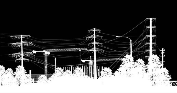 Електричні вежі між деревами ізольовані на чорному — стоковий вектор