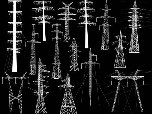 Set van vijftien geïsoleerde elektrische pylonen op zwart — Stockvector