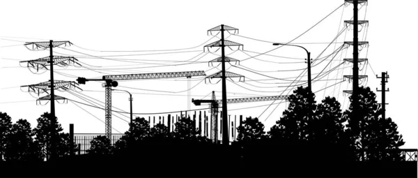 Torres eléctricas entre árboles aislados sobre blanco — Vector de stock