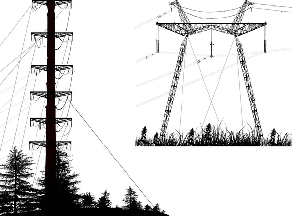 Two large electric power pylons on white — Stock Vector