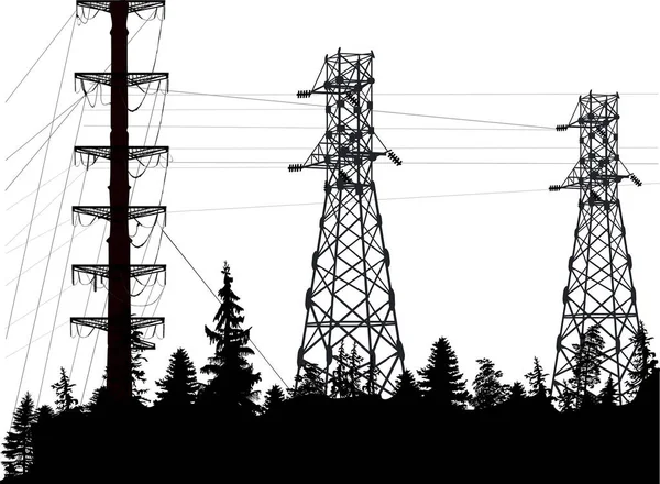 Black electric power pylons in dark forest — Stock Vector