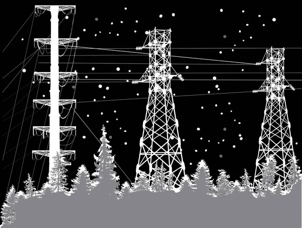 White electric power pylons in dark forest under snowfall — Stock Vector