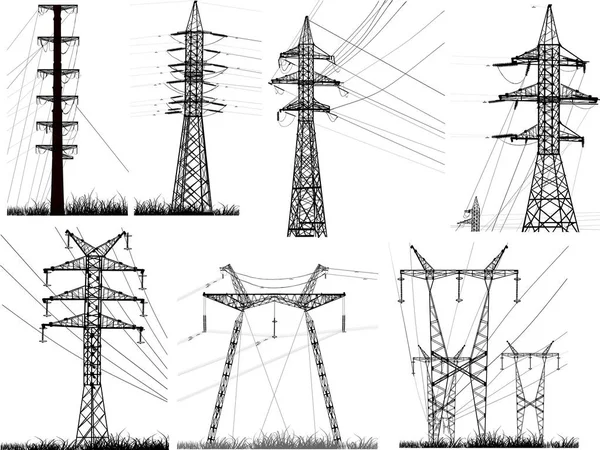 Set of seven isolated electric pylons with wares — Stock Vector