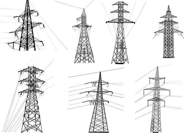 Set of sevevn isolated electric pylons with wares — Stock Vector
