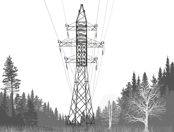 Large electric pylon in grey forest — Stock Vector