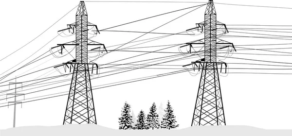 Electric pylons in snow isolated on white — Stock Vector