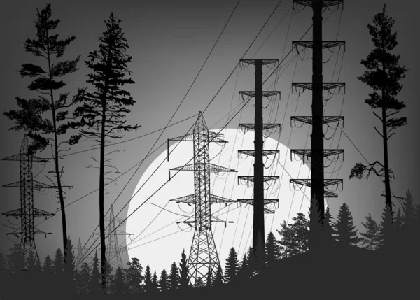 Black electric power pylons between firs on grey — Stock Vector