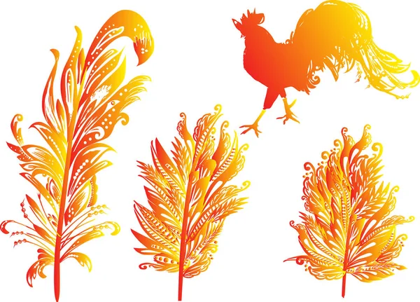 Red flame rooster and three abstract feathers on white — Stock Vector