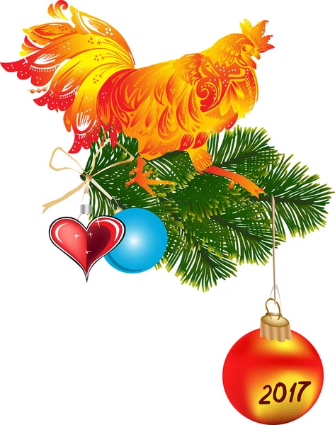 Red flame rooster on green fir decorated branch — Stock Vector