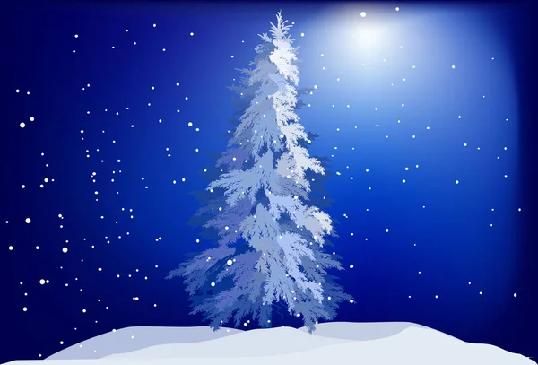 Luz azul inverno abeto sob queda de neve — Vetor de Stock