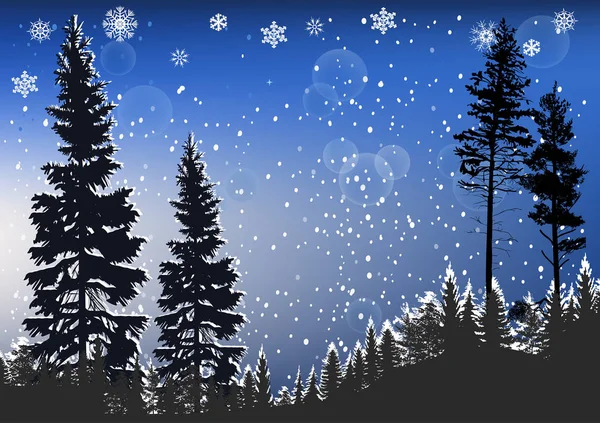 Fir fosest under large snowflakes at blue background — Stock Vector