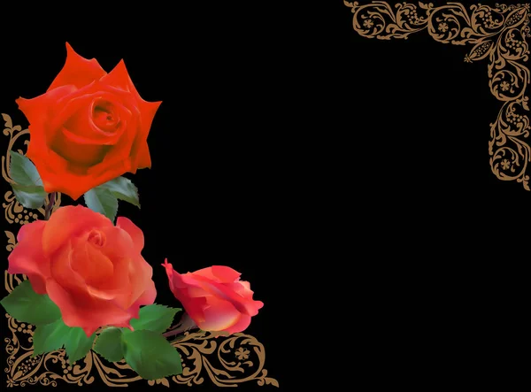 Fleurs roses rouges dans un cadre marron sur noir — Image vectorielle