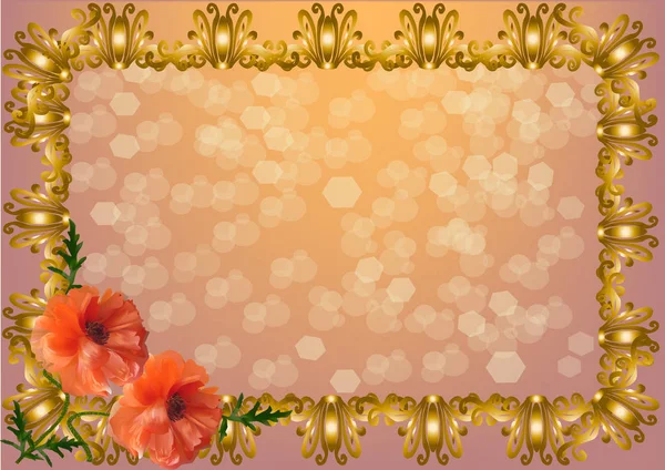 Deux fleurs de pavot rouge dans un cadre doré — Image vectorielle