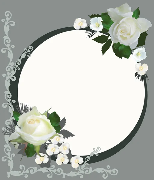 Dark circle frame with white roses illustration - Stok Vektor