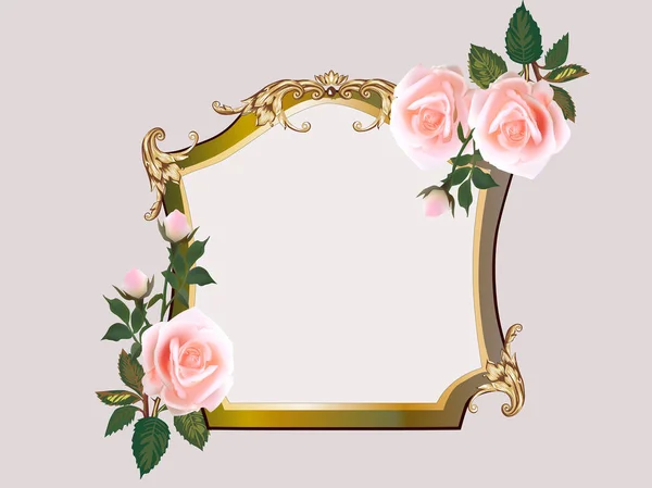 Three  cream rose flowers in gold frame — Stock Vector