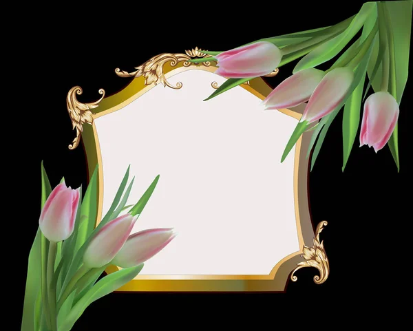 Light tulips in gold frame on black — ストックベクタ