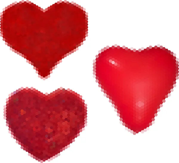 Drie rode harten uit zeshoeken geïsoleerd op wit — Stockvector