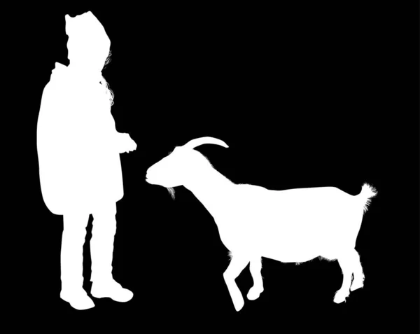 儿童和山羊的轮廓被隔离在黑色中 — 图库矢量图片