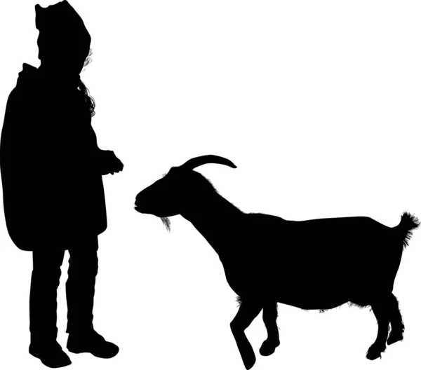 Silhouetten van kinderen en geiten geïsoleerd op wit — Stockvector
