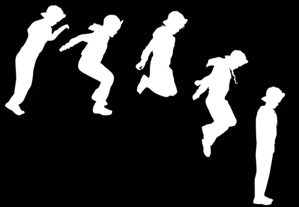 Five jumping girl silhouettes collection on black — Stock Vector