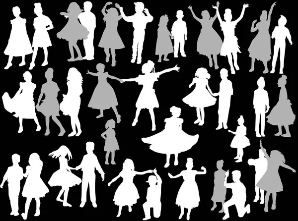 Dancing child silhouettes with shadows collection on black — Stock Vector