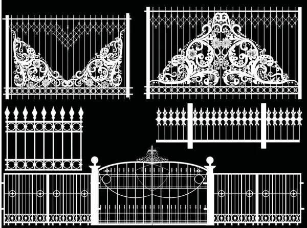 Serie di frammenti decorati recinzione isolati su nero — Vettoriale Stock