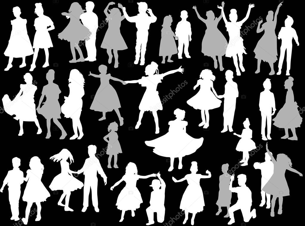 dancing child silhouettes with shadows collection on black