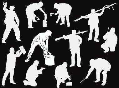 Siyah üzerine izole edilmiş 11 işçi grubu.